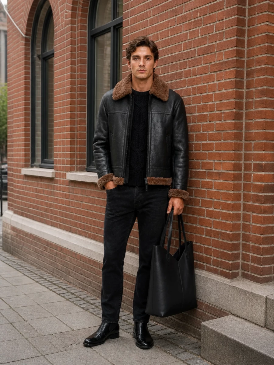 Saint laurent shearling jacket black jeans chelsea boots