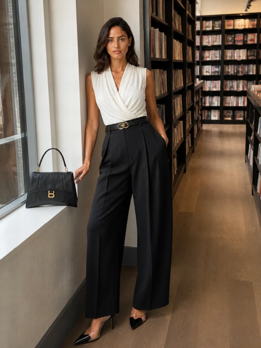 Alaïa’s sculpted black trouser meets a softly draped ivory bodysuit for a monochrome pairing that feels precise yet quietly sensual. Transparent‑trimmed slingbacks and a structured trapeze bag keep the line elongated and architectural. A slim black belt finishes the waist with just enough definition without interrupting the fluid pleats.