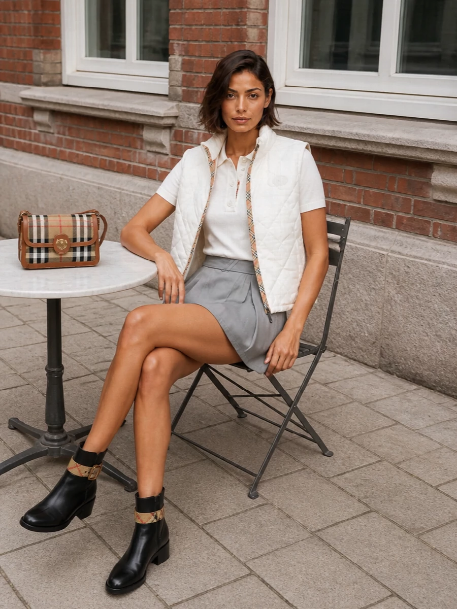 Burberry quilted gilet mini skirt ankle boots