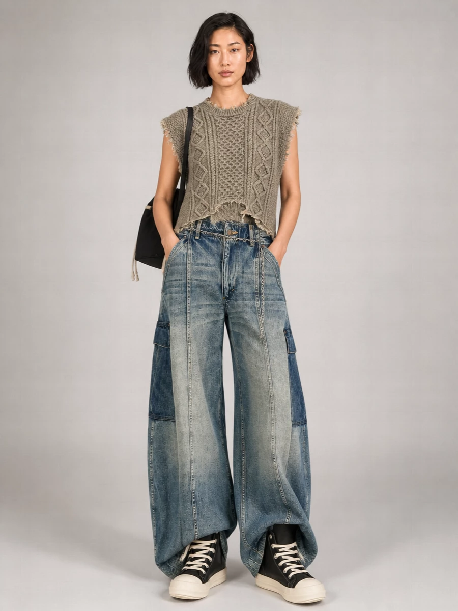 R13 Two Tone Wide Leg Cargo Jeans