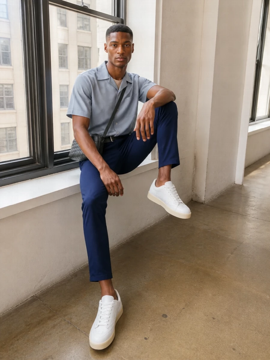 Mcqueen shirt navy chinos white sneakers