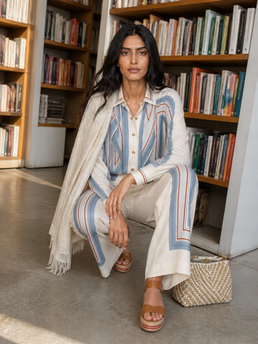 Zimmermann’s geometric wide-leg trousers meet their match in the coordinating scarf-print shirt, creating a soft tailored set that feels polished yet easy. Chloé’s tan wedge espadrilles lengthen the line and pick up the brick accents, while Etro’s structured woven bag and a whisper-light paisley stole bring refined texture and a quietly decadent finish for long, sunlit days in the city or by the coast.