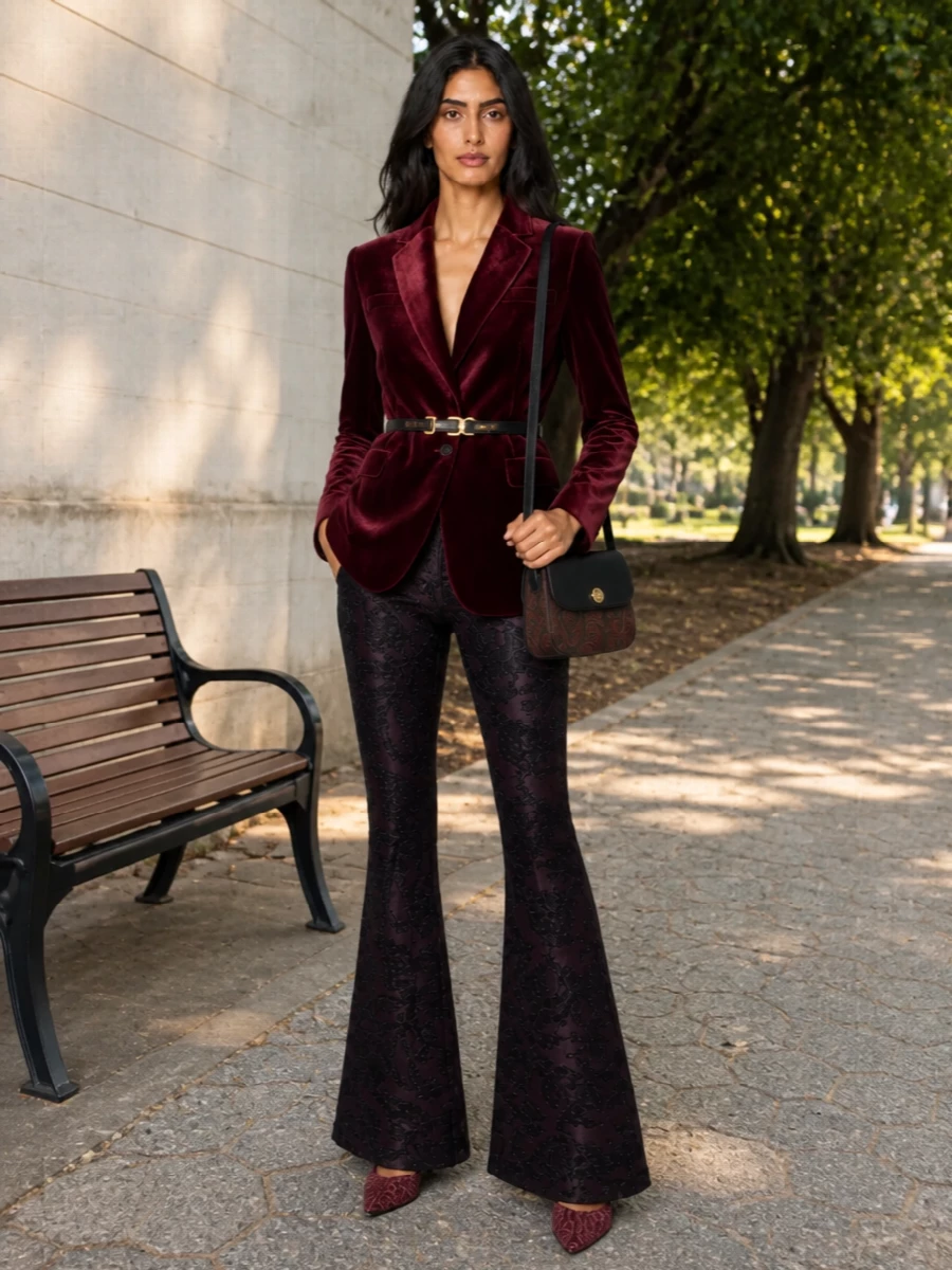 Etro velvet blazer jacquard flared trousers outfit