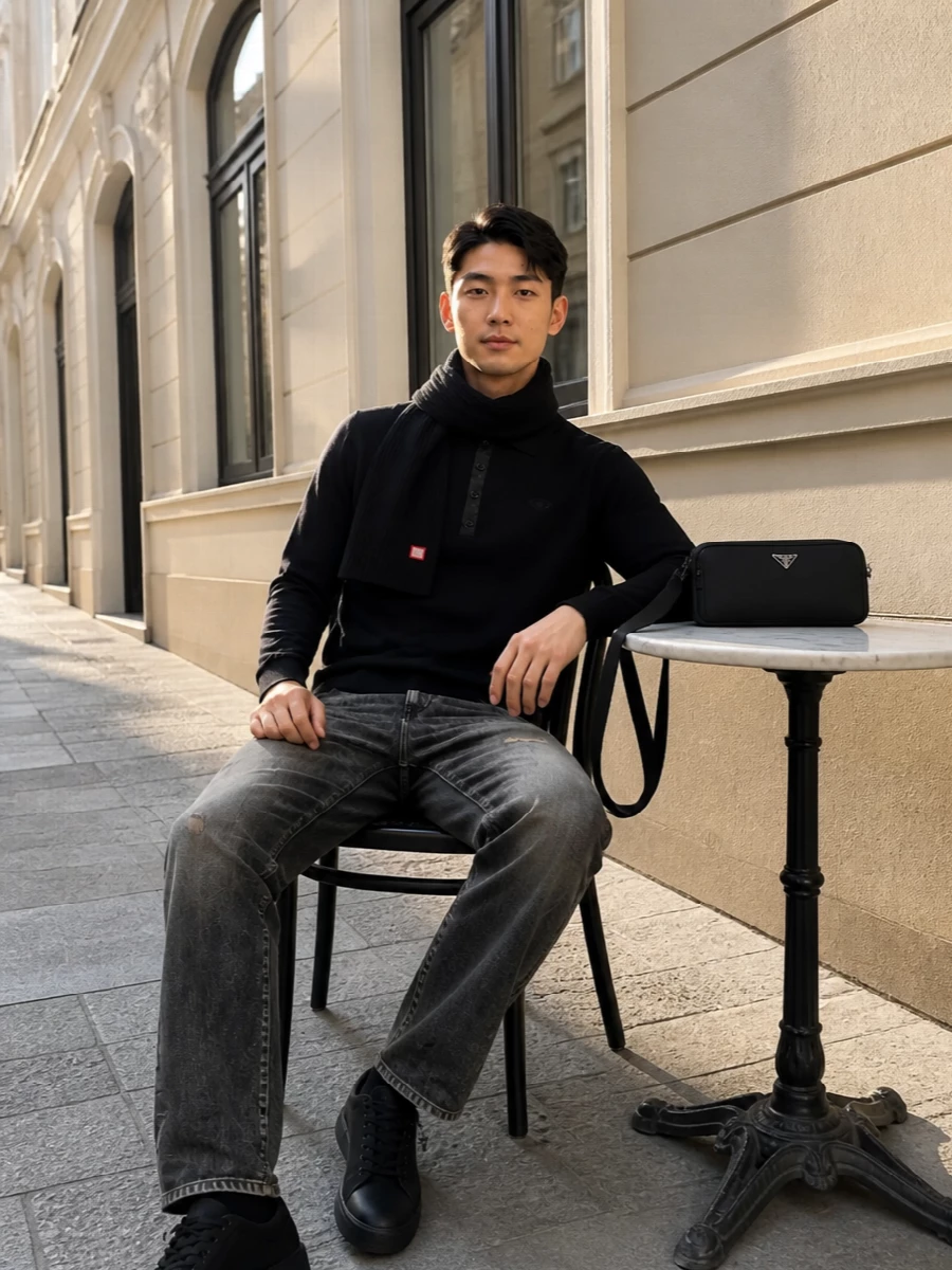 Diesel black polo grey jeans black sneakers