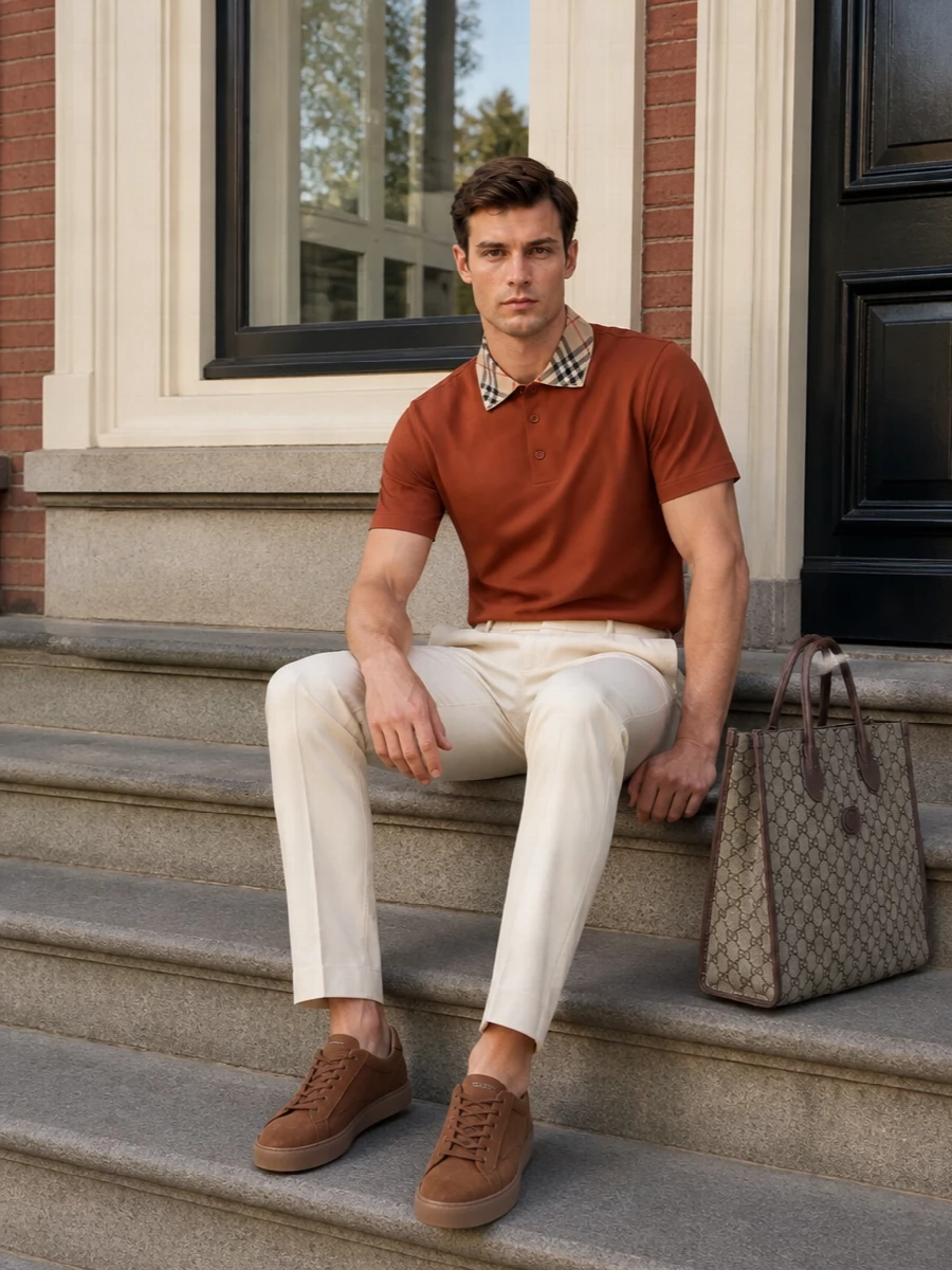 Rust, cream and soft beige sit together in a warm, tailored palette that feels relaxed but precise. The pleated trouser sharpens the polo’s easy attitude, while tan suede sneakers keep it contemporary and quiet. A structured Gucci tote adds just enough heritage detail to underline the subtle checks at the collar without overwhelming them.