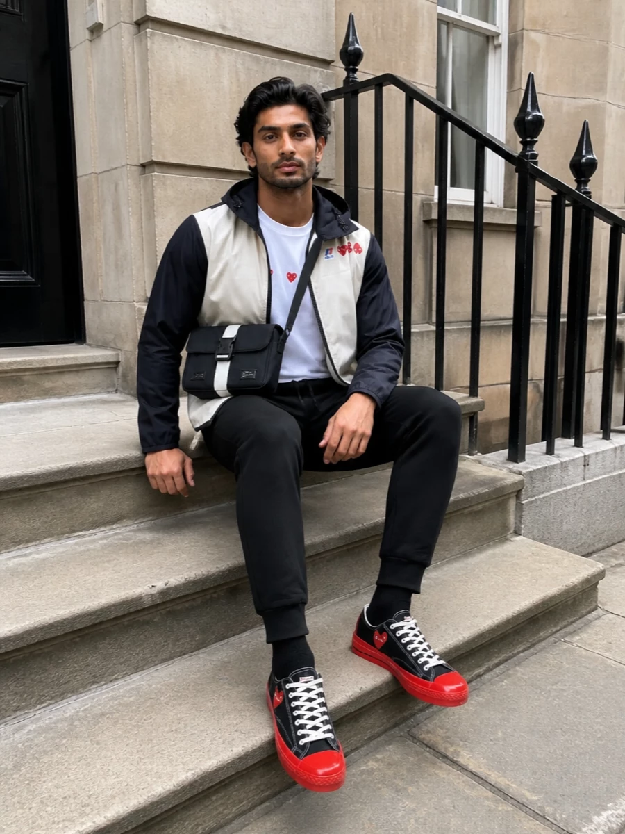 Comme play k way windbreaker outfit