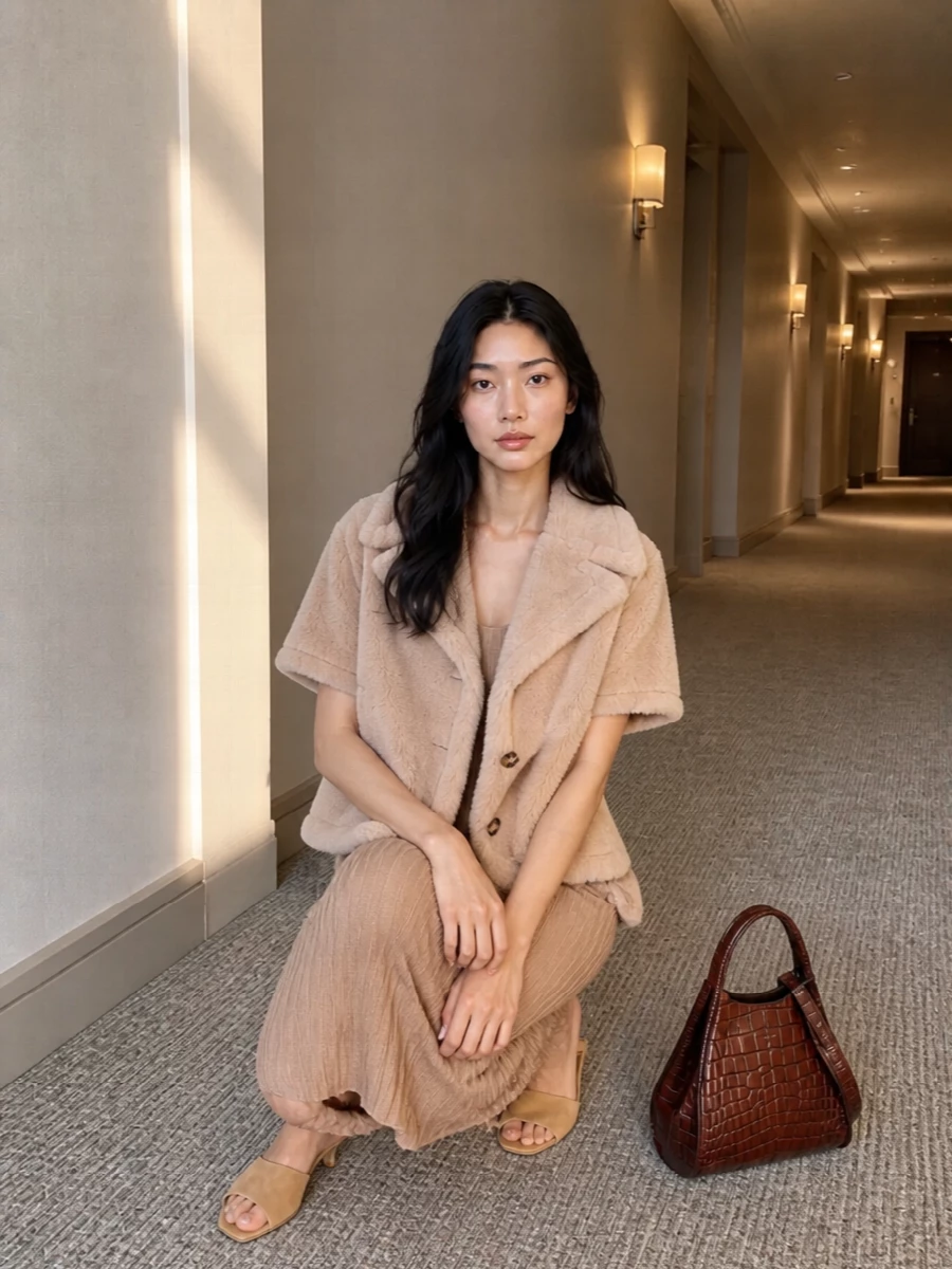 Max mara camel knit dress faux fur coat outfit