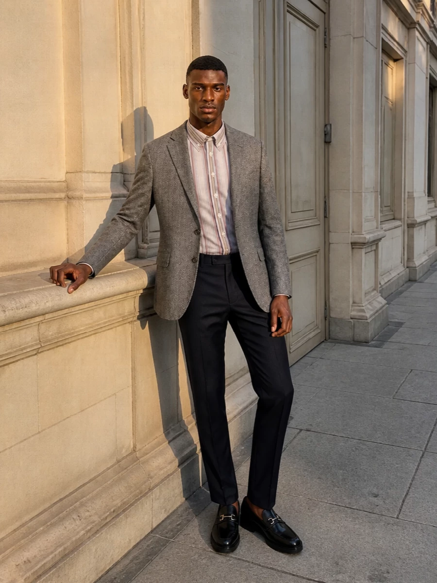 Etro blazer navy trousers prada briefcase