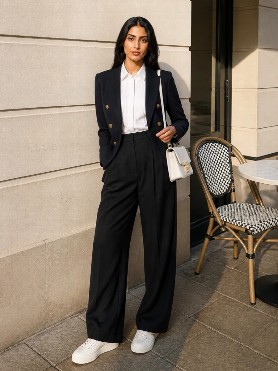 Golden goose navy blazer wide leg trousers outfit