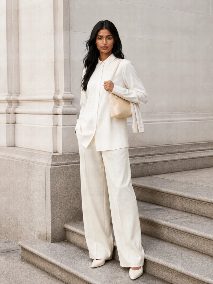 Soft white and buttercream tailoring are handled as a single quiet column, the longline shirt flowing over high-rise wide-leg trousers for a serene, architectural silhouette. Cream slingbacks and a slim butter-beige shoulder bag keep the mood precise yet relaxed, while the lightly sketched scarf adds just enough graphic tension without disturbing the calm. It is a polished, gallery-to-meeting combination that reads confident without ever feeling forced.