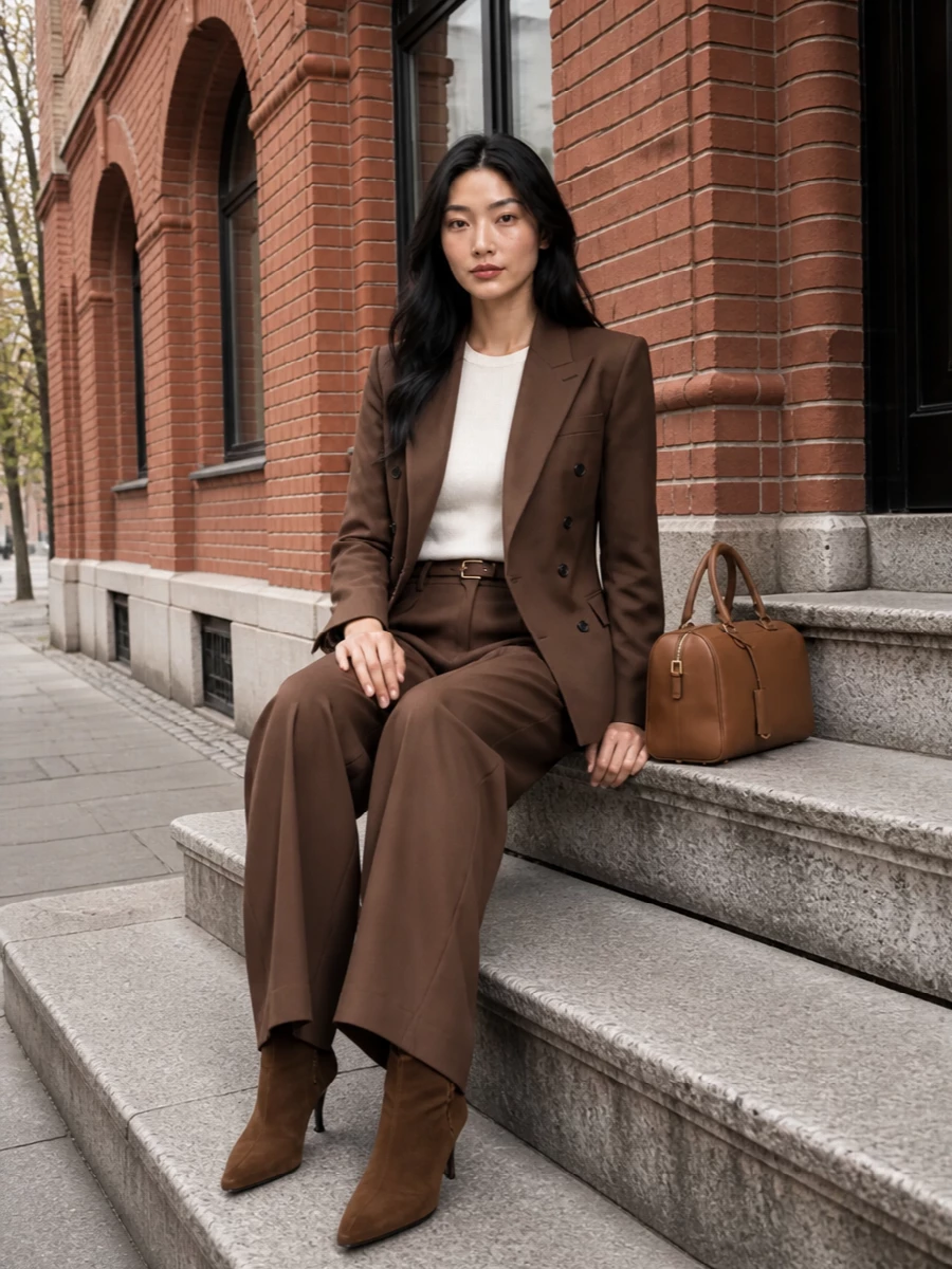 Saint laurent brown blazer wide leg trousers outfit