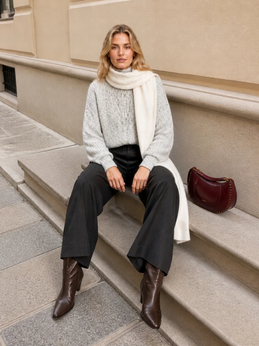 A flecked grey high-neck knit sits over fluid charcoal wide-leg trousers for a calm, elongated line that feels relaxed yet precise. Slouchy brown boots and a burgundy shoulder bag introduce quiet depth and movement, while an ivory scarf softens everything with a subtle, light contrast.