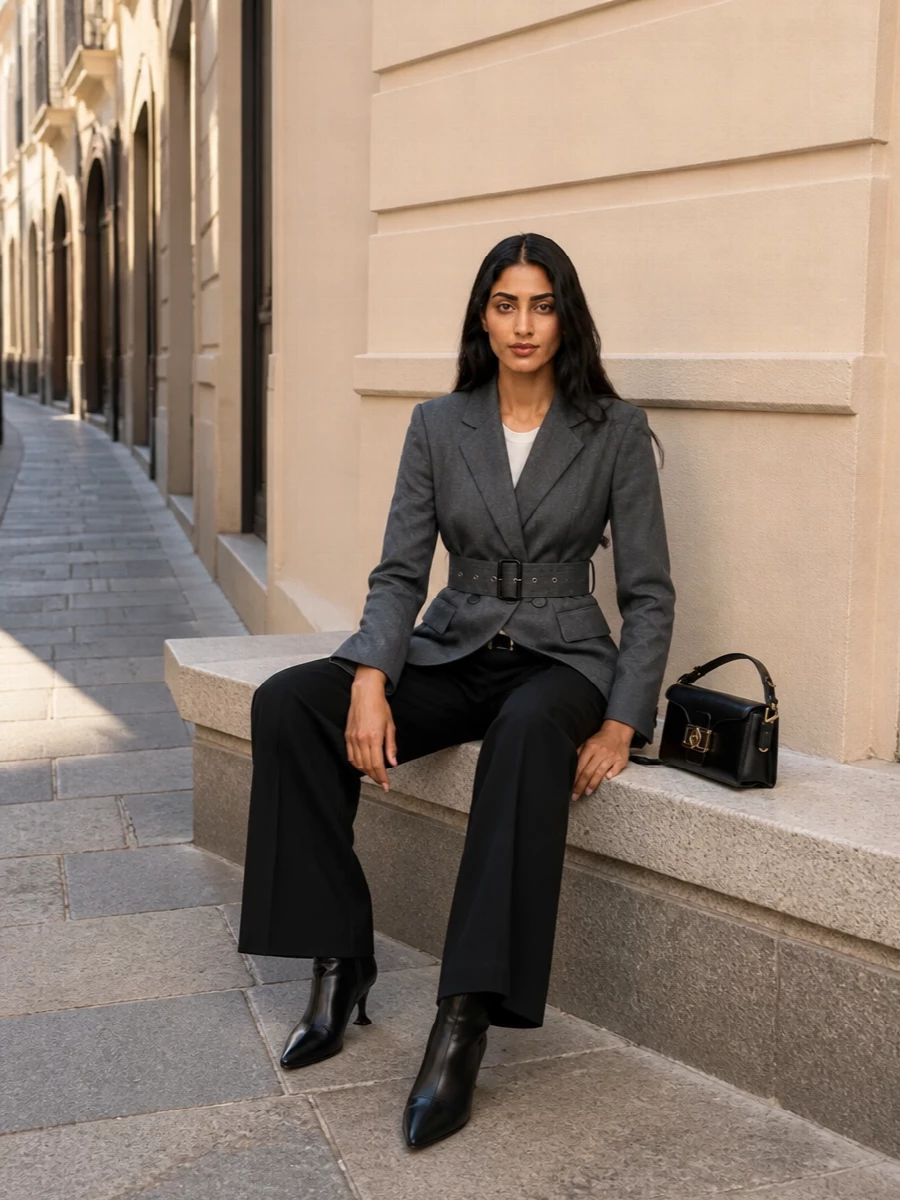 Lanvin grey belted blazer black wide leg trousers