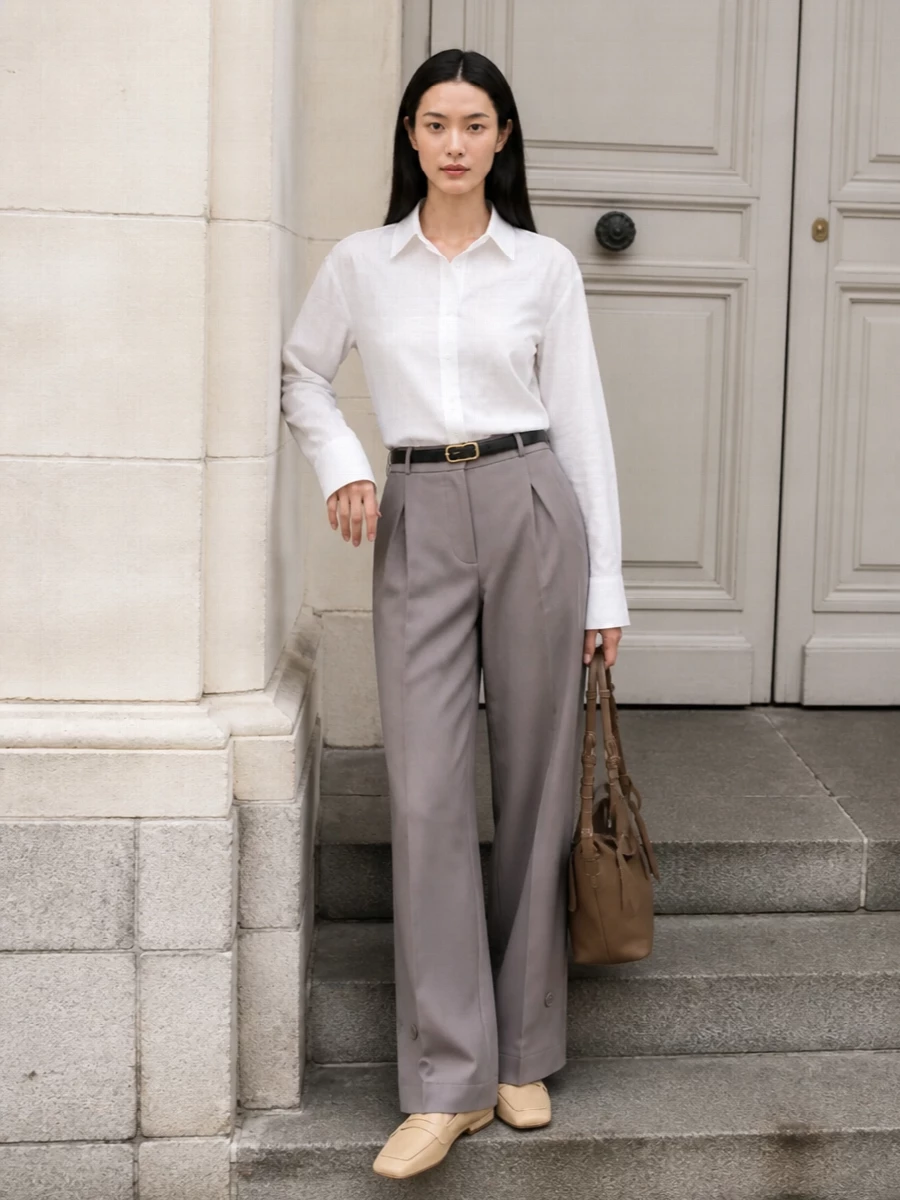 Frankie shop shirt taupe tailored trousers outfit
