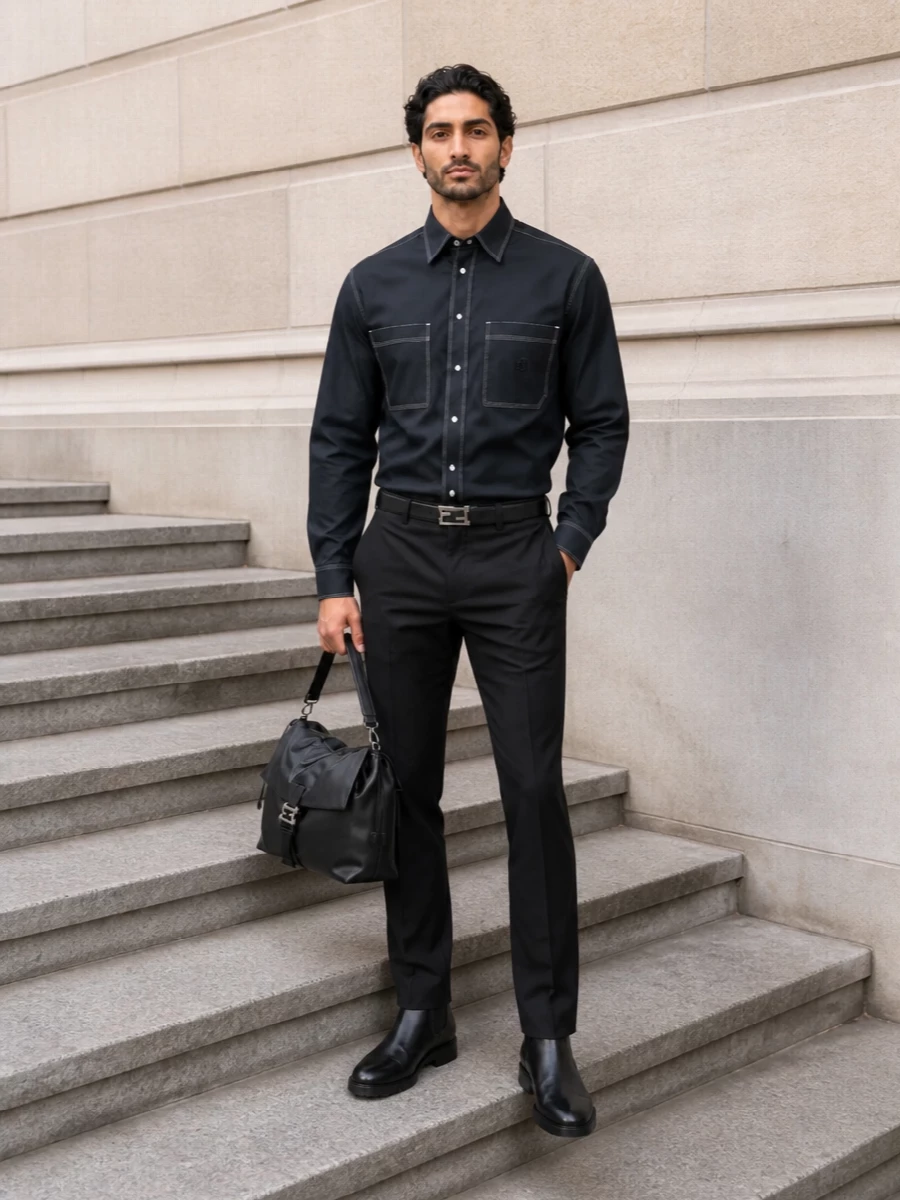 Fendi navy shirt black tailored trousers boots