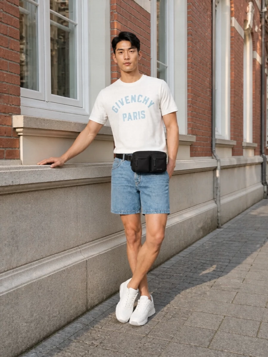 Givenchy denim shorts logo tee white sneakers