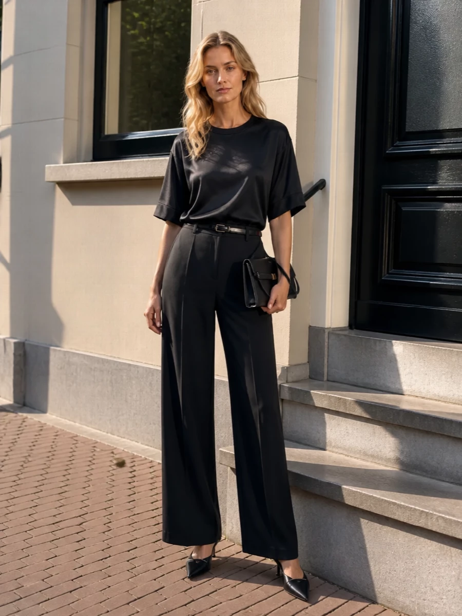 A fluid black column of satin and wide-leg tailoring creates a calm, elongated line that works from late meetings to night-time reservations. The pointed slingback and slim belt add just enough precision, while the structured clutch keeps everything sharp without breaking the minimalist mood.