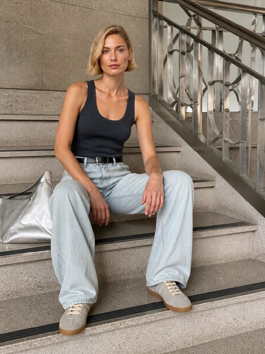 Haikure wide leg jeans grey tank margiela sneakers