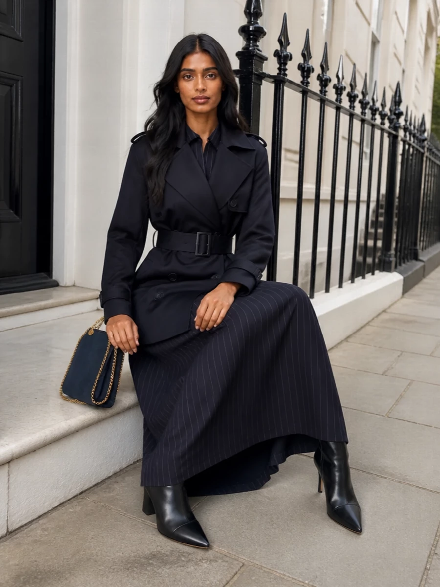 Dondup pinstripe maxi dress navy tailored coat