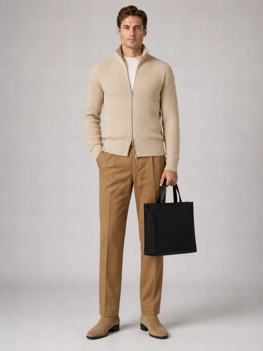 Maison Margiela Ribbed Wool Cotton Zip-Up Cardigan