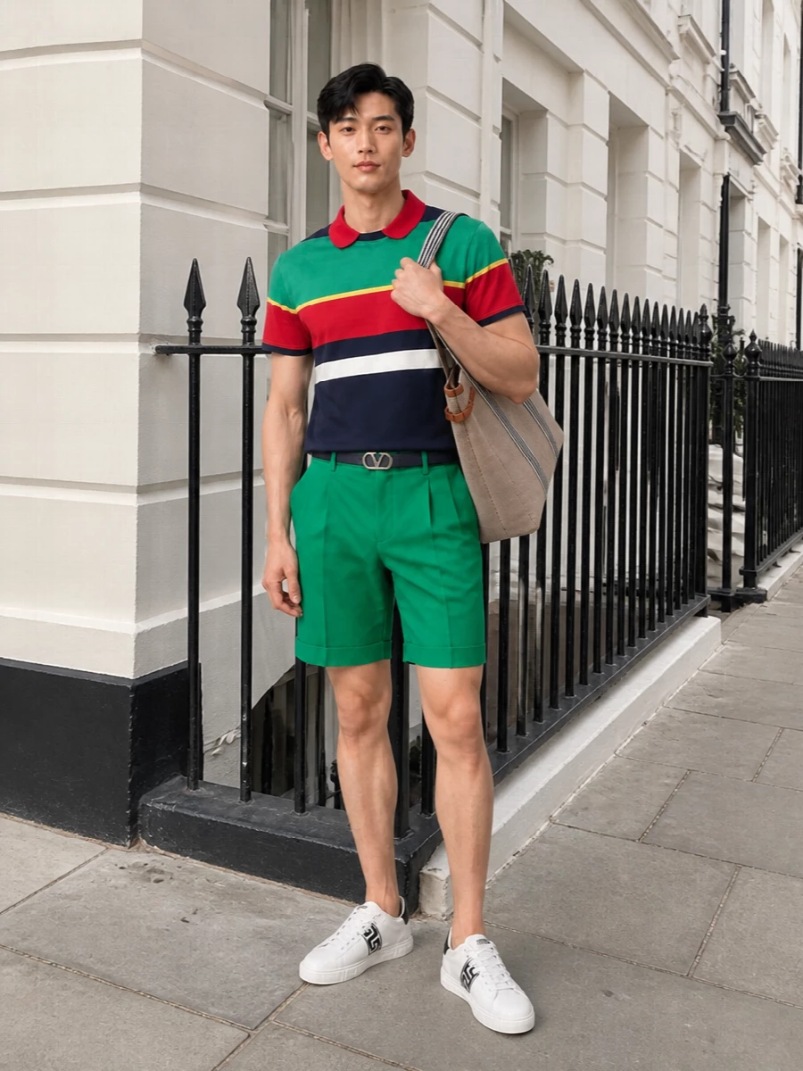 Versace striped polo emerald tailored shorts outfit