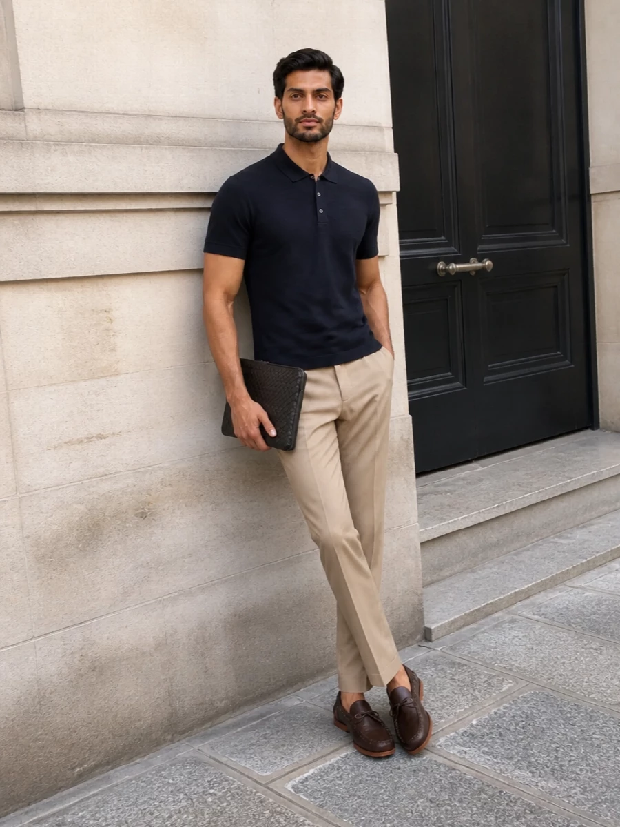 This look leans into understated Italian prep: the ink-navy knit polo sits neatly against camel-beige chinos, creating a soft contrast that feels relaxed but still refined. The chocolate driving loafers ground everything with a rich, coordinated brown note, while the intrecciato portfolio adds a subtle touch of structure and luxury suitable for city days that slide easily into dinner.