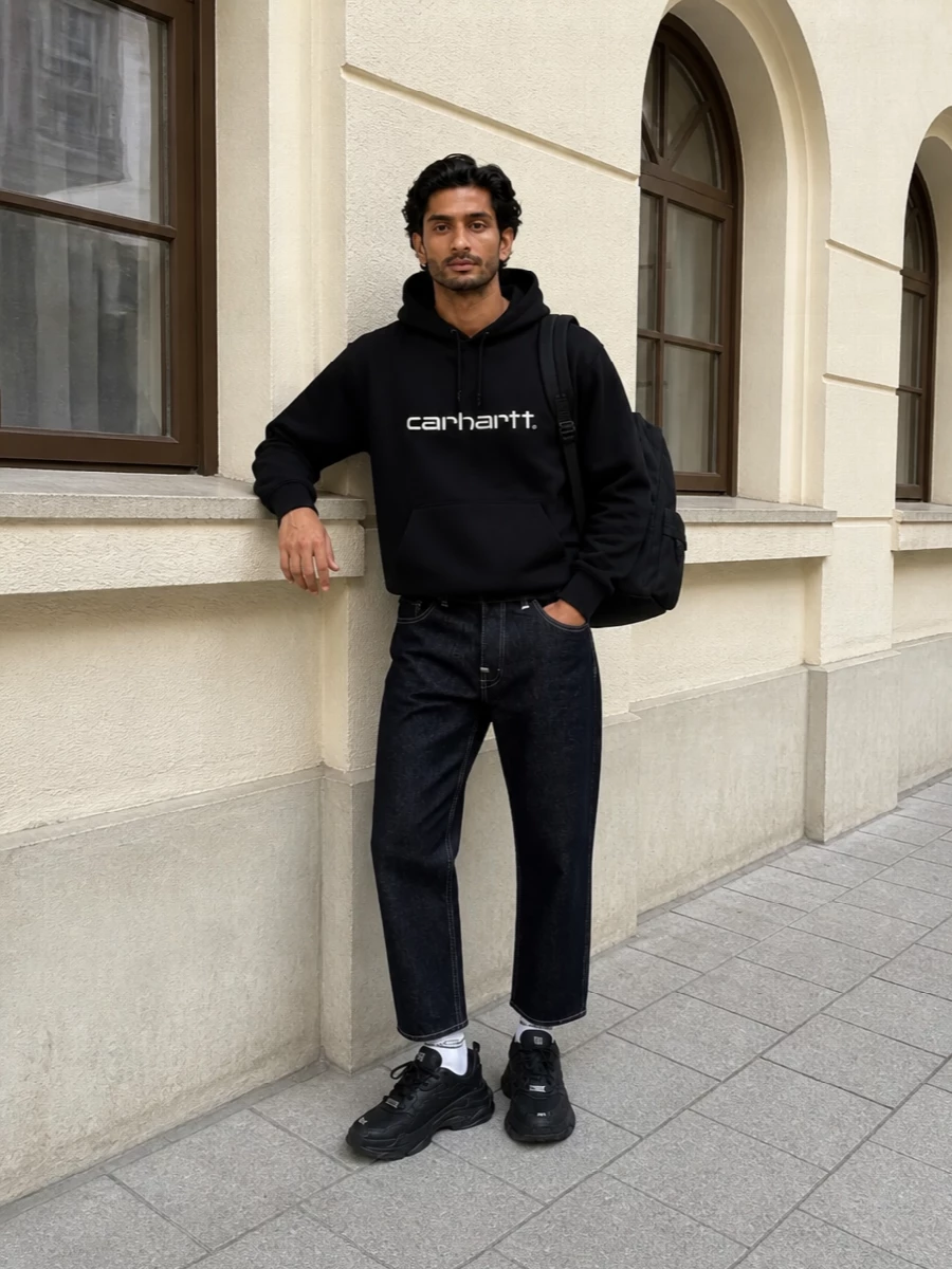 Junya hoodie raw denim balenciaga sneakers