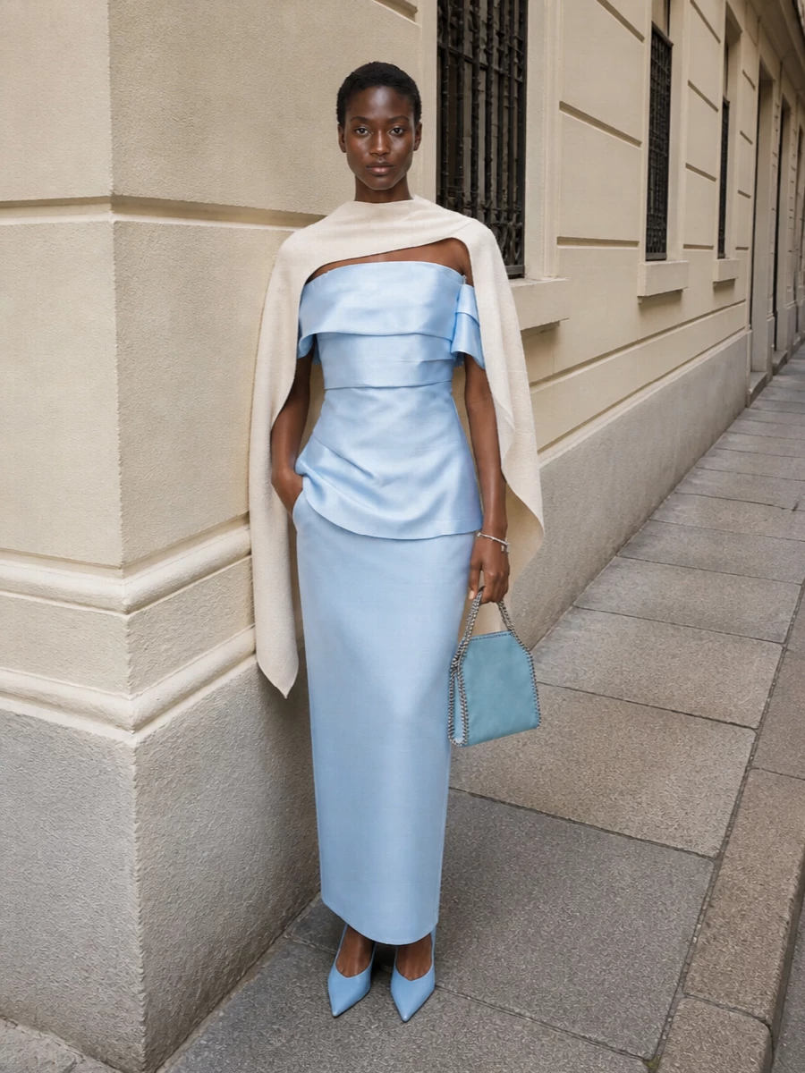 Solace london powder blue evening gown styling
