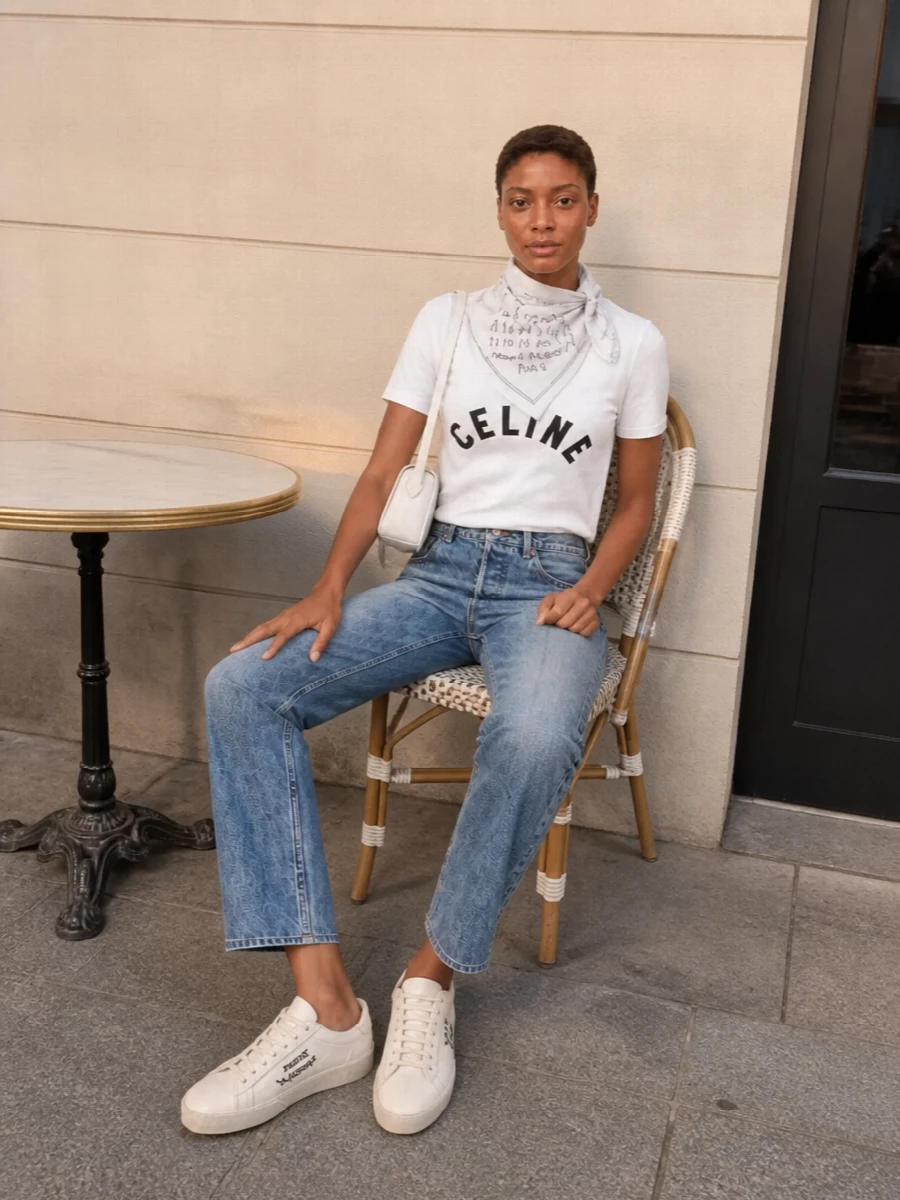 Celine logo tee jeans white sneakers outfit