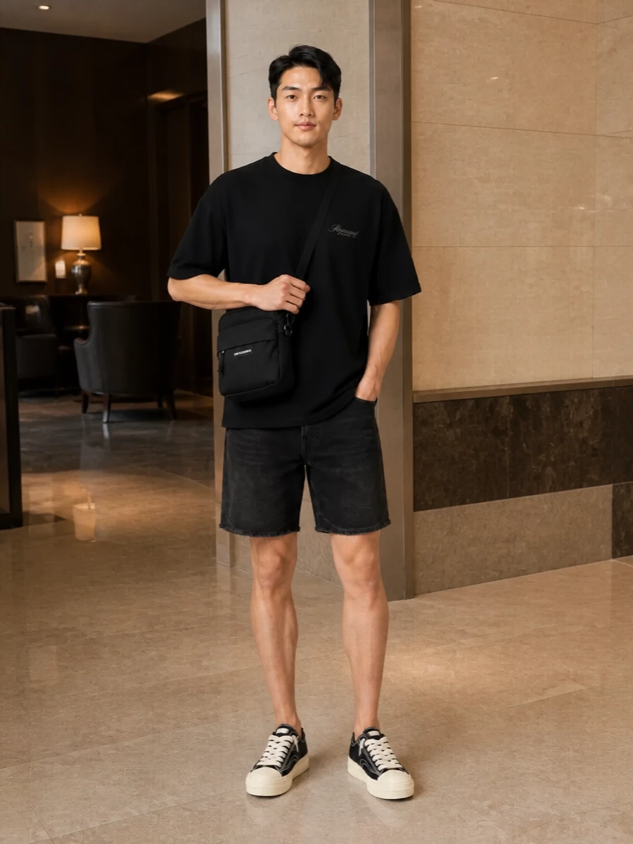Represent black tee washed black shorts sneakers