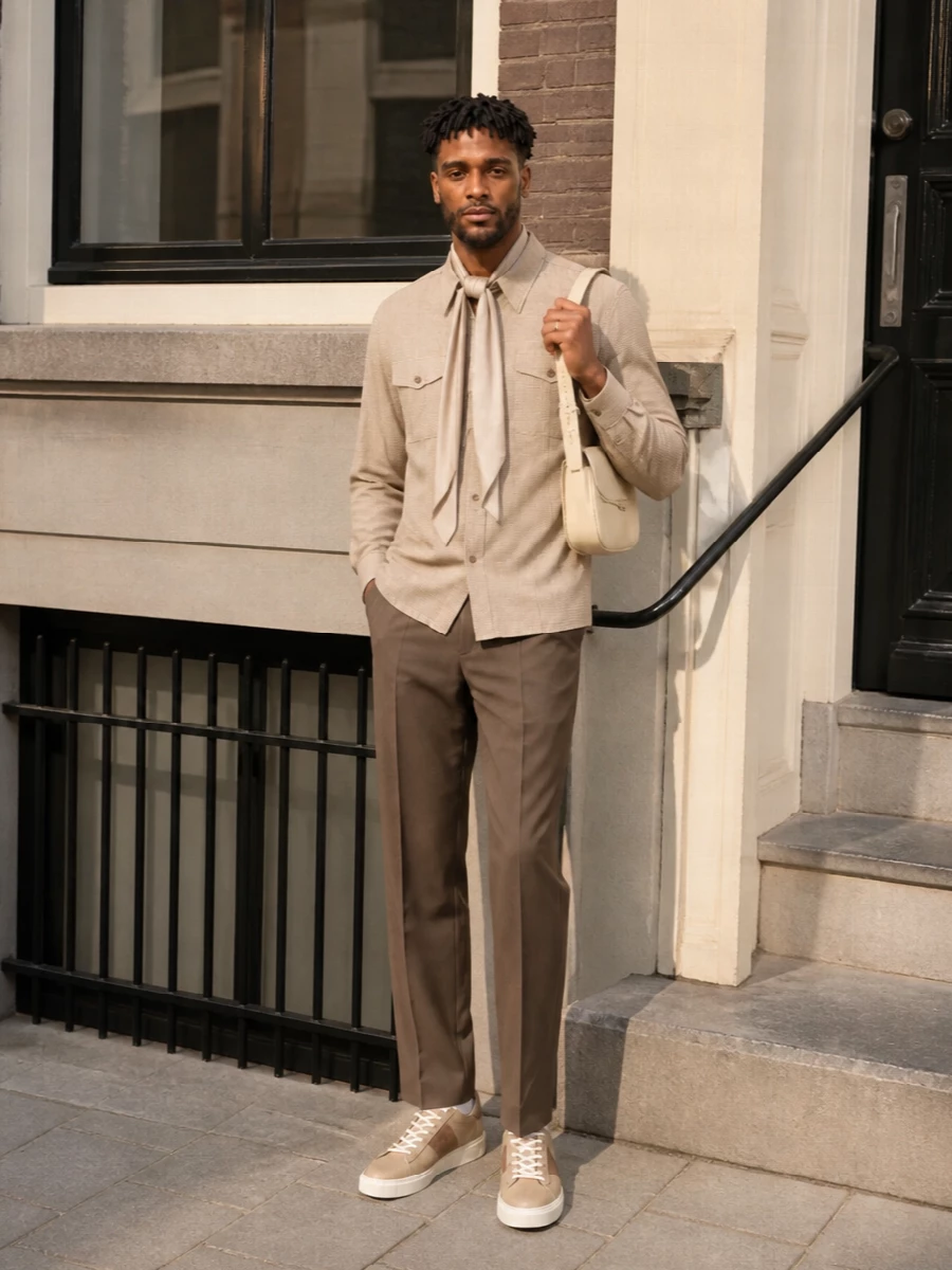 Our legacy shirt taupe trousers beige sneakers