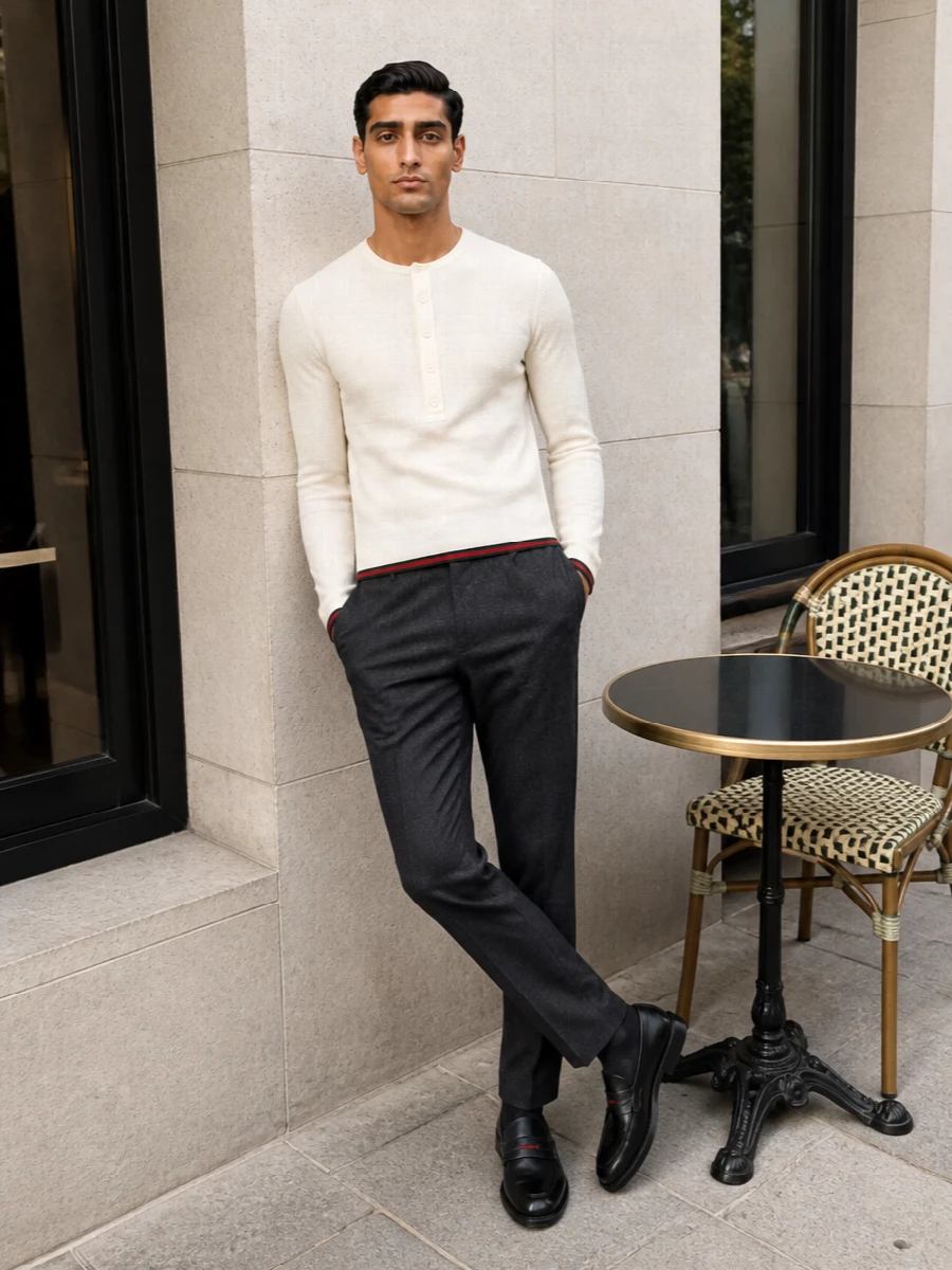 Gucci henley charcoal tailored trousers loafers