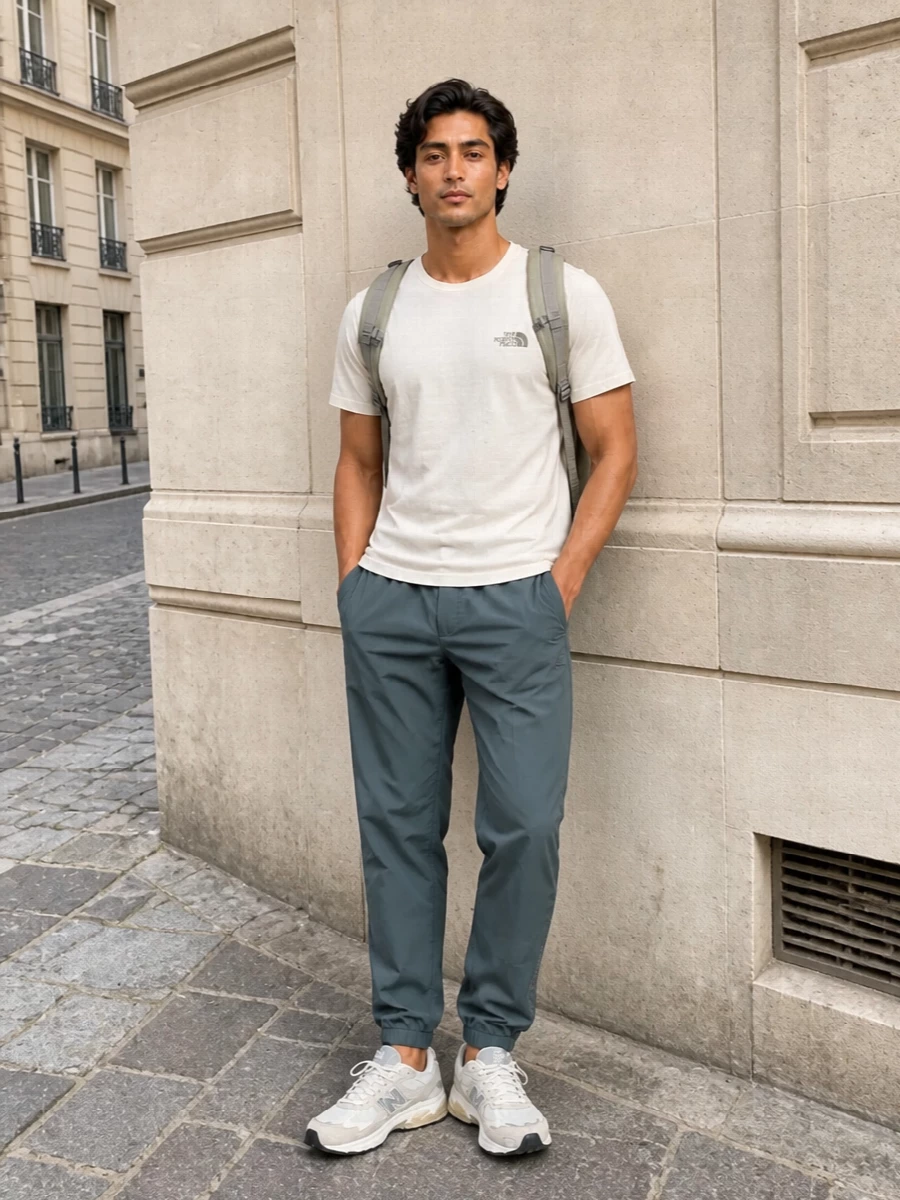 North face tee technical pants new balance sneakers