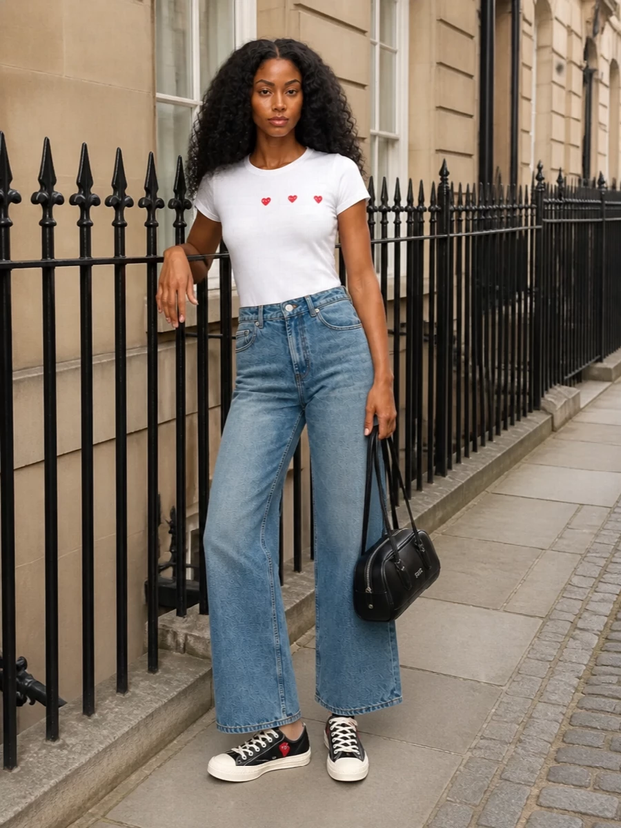 Graphic hearts, soft denim and clean black accessories keep this Play tee feeling grown-up but still fun. The wide-leg jeans open up the silhouette, while the structured shoulder bag and matching sneakers give it a sharper city edge. It is an easy uniform for coffee runs, gallery days and casual dinners where you still want a knowing nod to fashion.