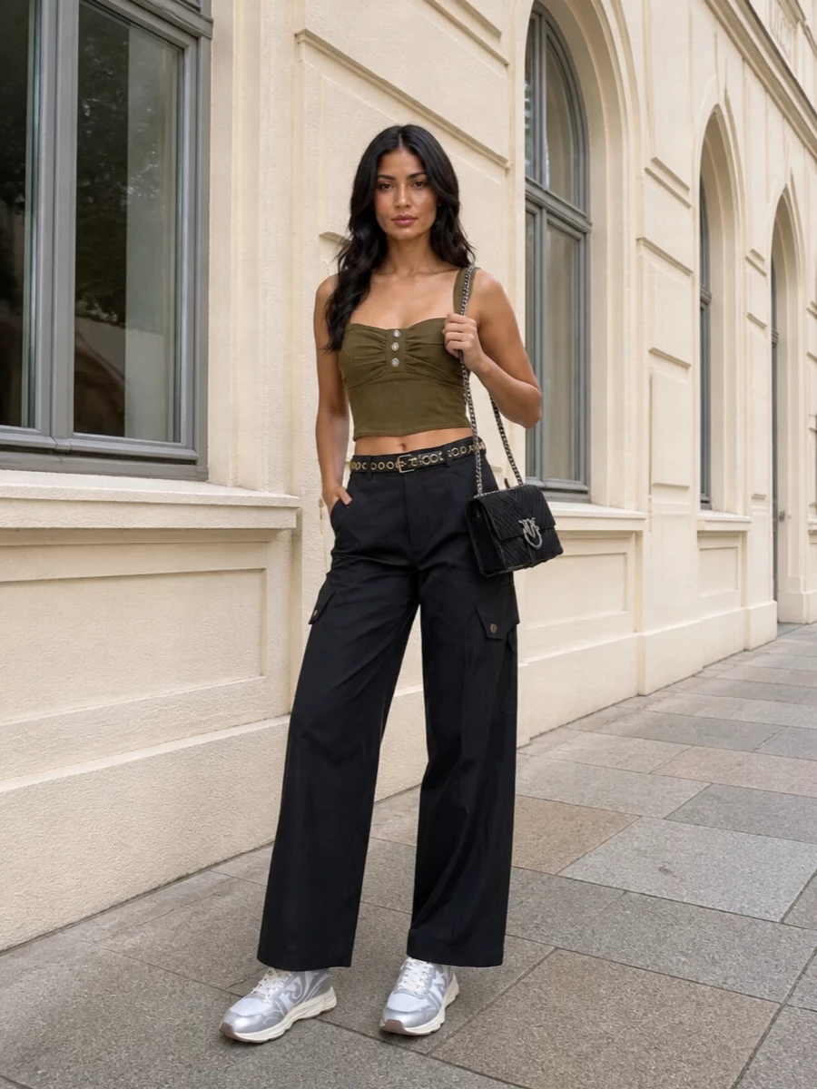 Pinko olive crop top charcoal cargo pants outfit