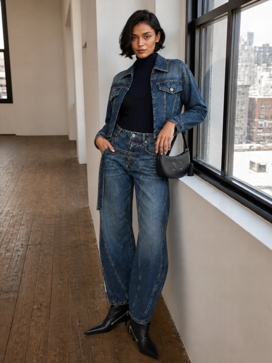 Gaultier denim jacket sculpted jeans outfit