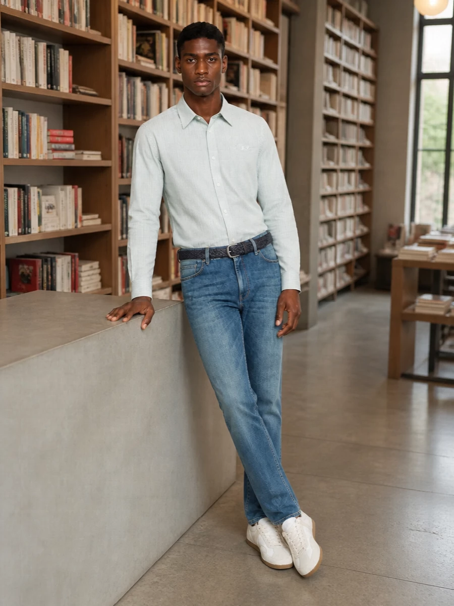 Soft mid-blue denim sets a relaxed base for a mint striped shirt, giving a fresh, clean take on casual dressing. Off-white retro trainers keep the palette light, while the braided navy belt and indigo-tan tote pull the blues together with a low-key, city-ready finish.