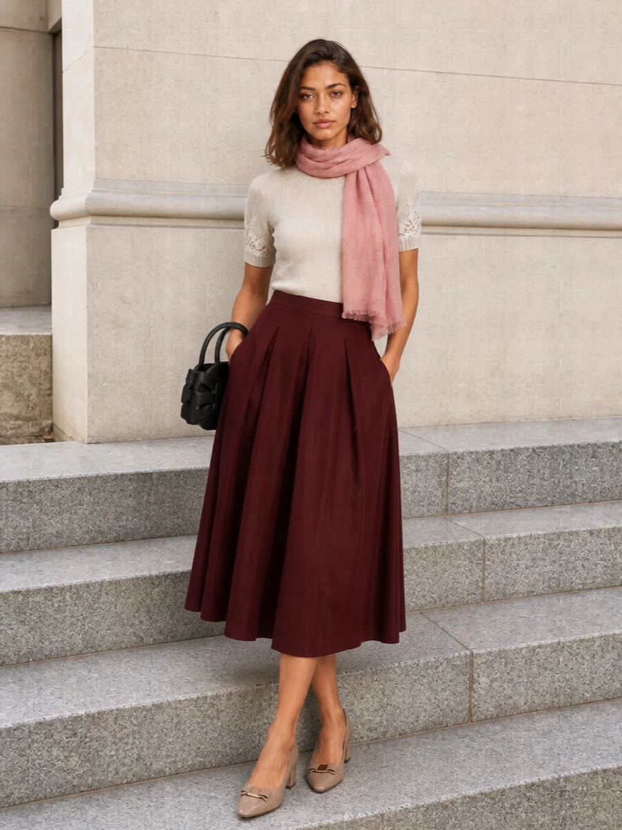 Alberta ferretti sweater burgundy midi skirt outfit