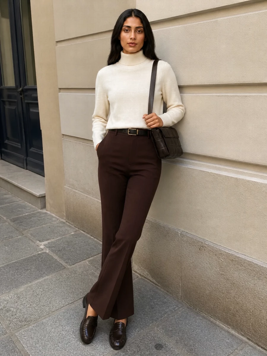 Bottega veneta brown flared trousers outfit
