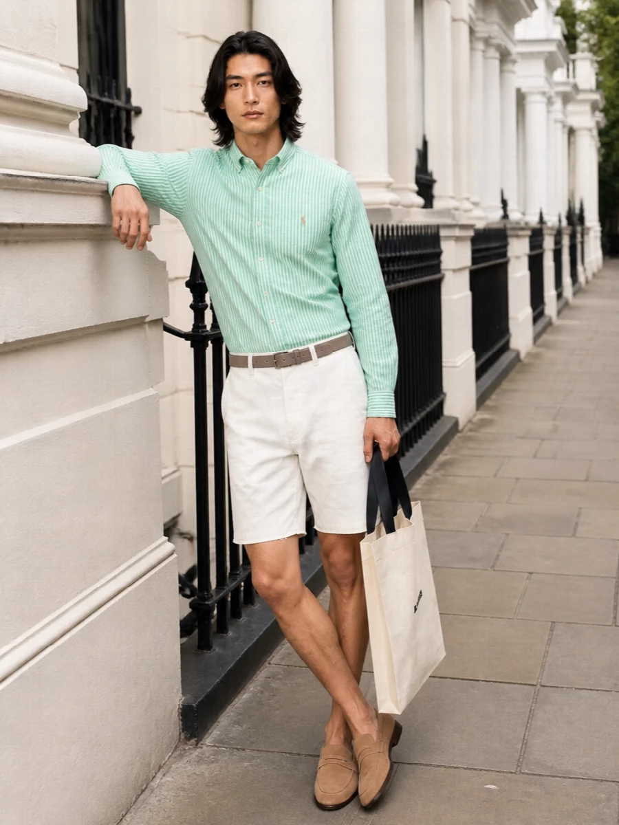 Mint stripes up top with crisp off-white chinos creates a clean, collegiate summer pairing that feels relaxed but still considered. Sand suede loafers and a slim taupe belt sharpen the line without adding weight. The structured off-white tote keeps the palette light and modern, ready for city terraces or coastal weekends alike.