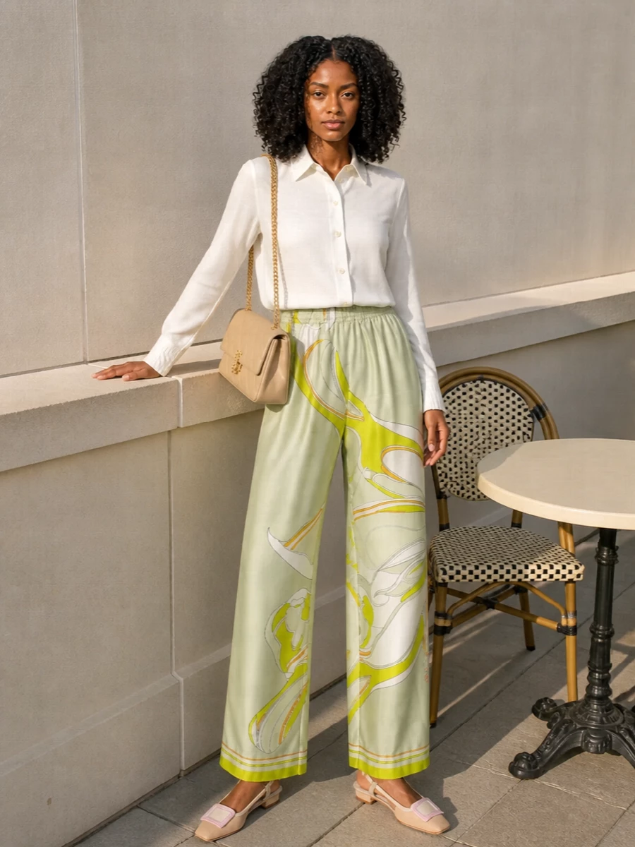 Tory burch sage trousers ivory shirt outfit