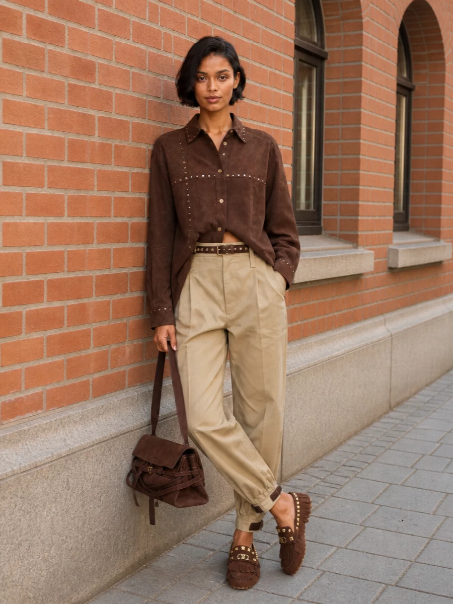 Moschino suede shirt utility trousers outfit