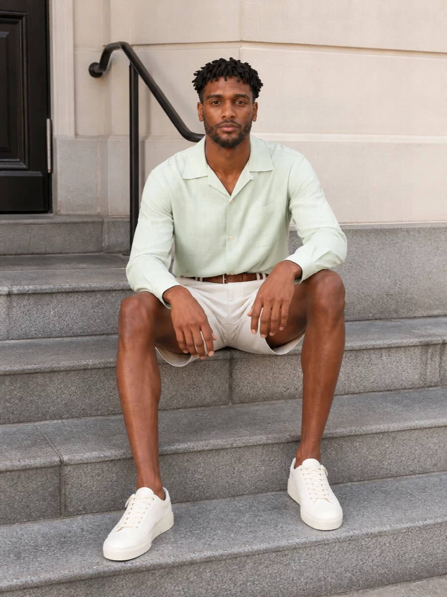 Visvim mint shirt cream tailored shorts outfit