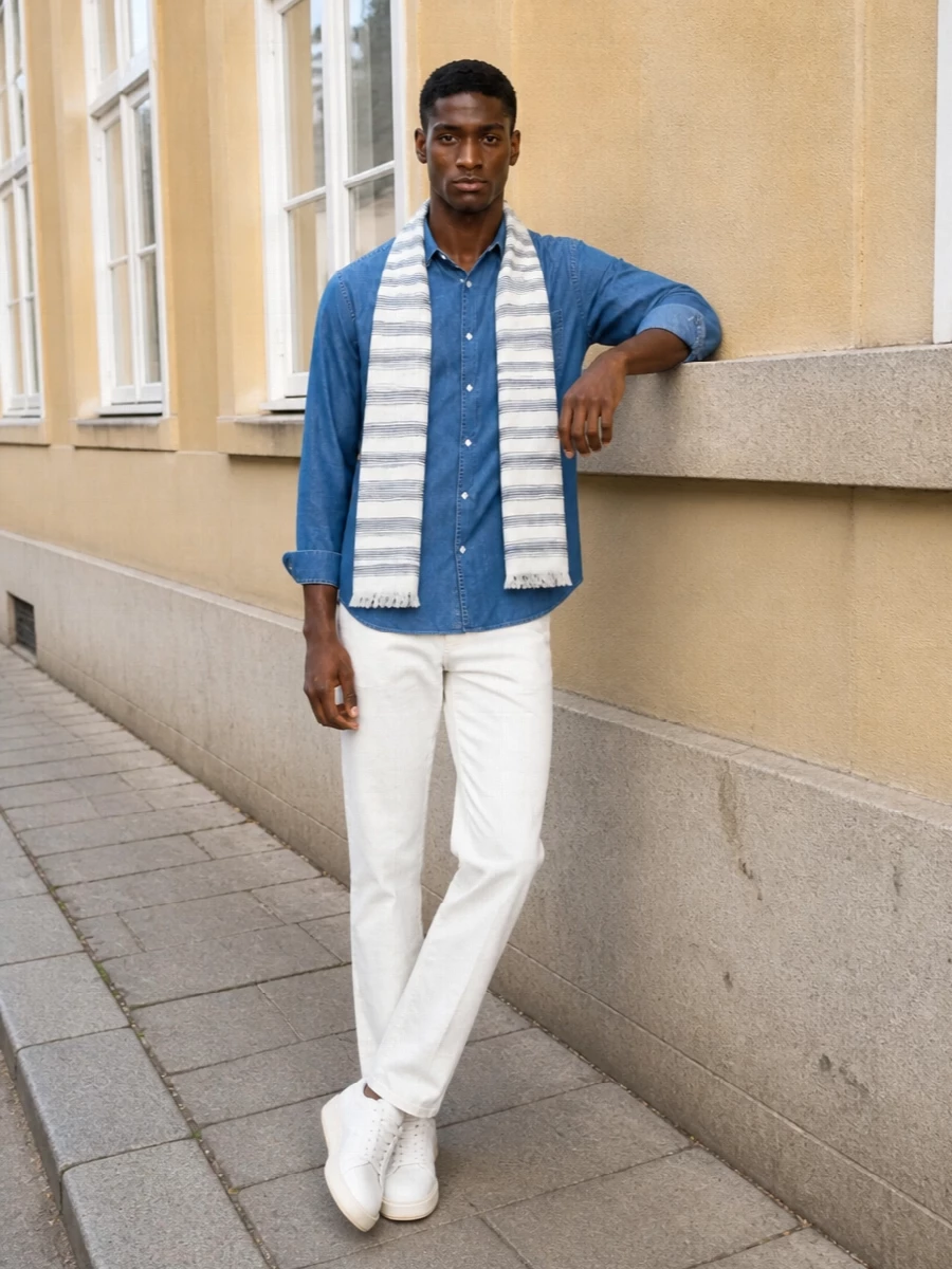 Woolrich denim shirt off white jeans sneakers