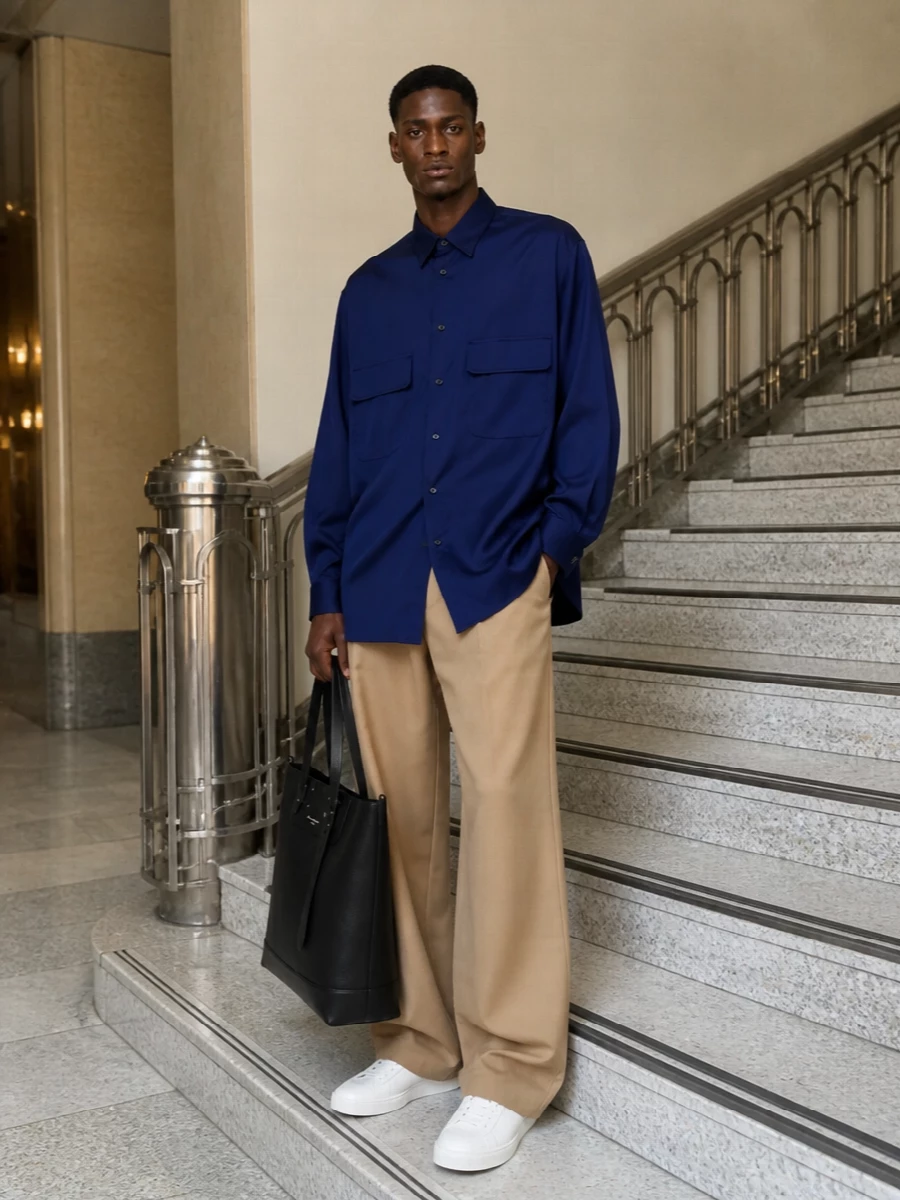 Ink navy on tan keeps the palette tight and intelligent, with the oversized shirt echoing the trouser’s wide leg for a deliberate, fluid silhouette. Clean white sneakers and a structured black tote sharpen the streetwear energy into something office-to-gallery ready. It is relaxed in volume but precise in detail, so the attitude stays calm rather than sloppy.