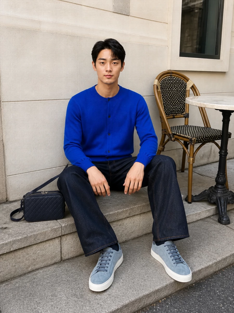 Cobalt and raw indigo sit together in a clean column, with the wide-leg denim giving the cardigan a relaxed but deliberate line. Soft blue-grey suede sneakers keep the palette cool and quiet, while the compact navy crossbody adds just enough structure and texture to feel considered without breaking the calm mood. The result is modern, Japanese-inflected minimalism that reads confident and understated for spring days in the city.