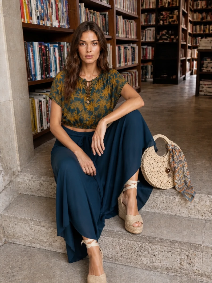 A deep teal Eres skirt and the sheer palm-print top read like a modern resort set, all flowing lines and softly cinched waists. Neutral Castaner wedges and a crochet Jacquemus bag keep the mood romantic and relaxed without stealing attention from the print. A sun-faded Etro scarf, knotted in the hair or on the handle, finishes it with a gentle, wandering-bohemian detail.