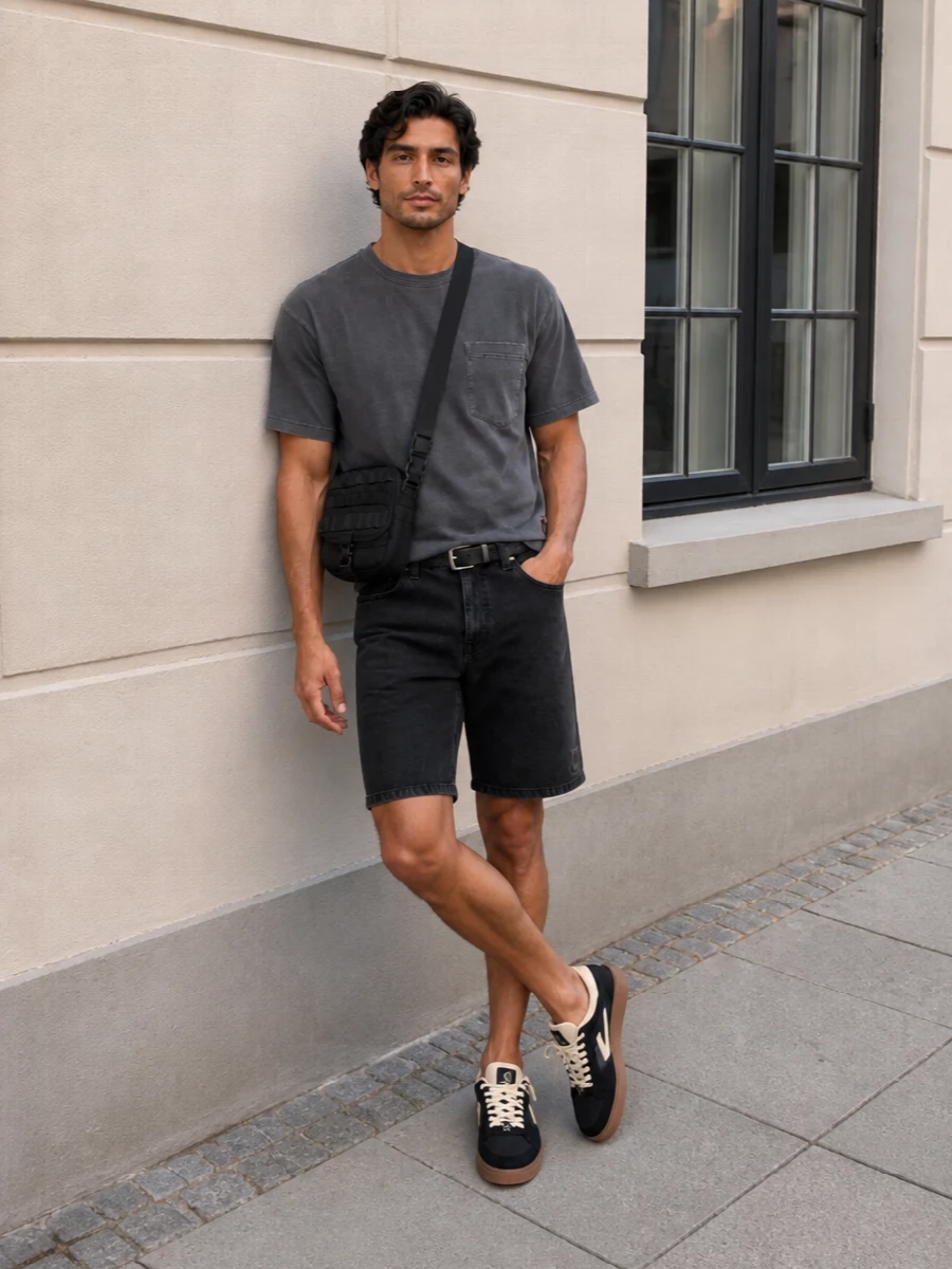 Washed charcoal on top of faded black shorts keeps the palette tight and the mood easy, with the boxy tee echoing the relaxed workwear cut of the bottoms. Off-White skate sneakers and a compact technical crossbody add just enough graphic edge, while a clean black belt pulls it together for everyday city wear. The result is a grounded, skate-leaning uniform that feels considered without losing that no-nonsense utility attitude.