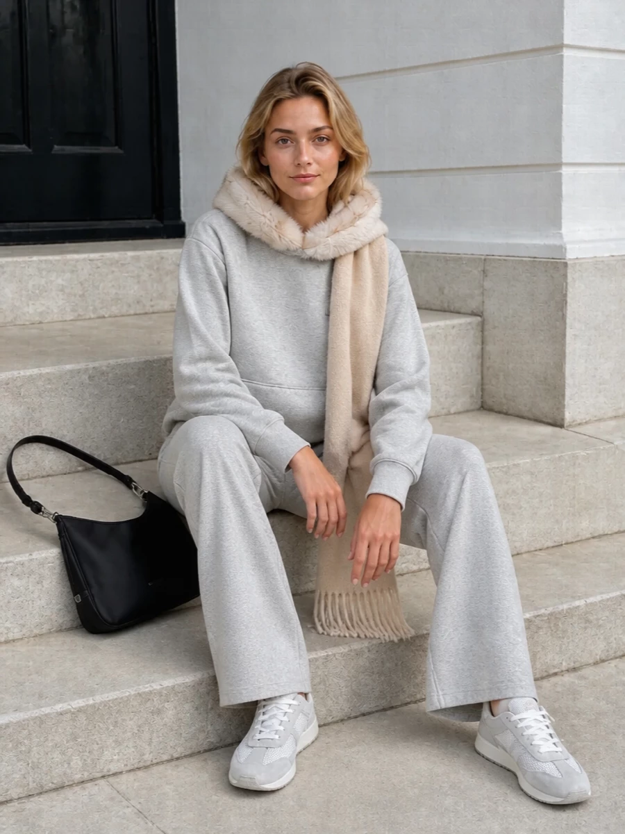 Prada grey hoodie knit pants sneakers outfit