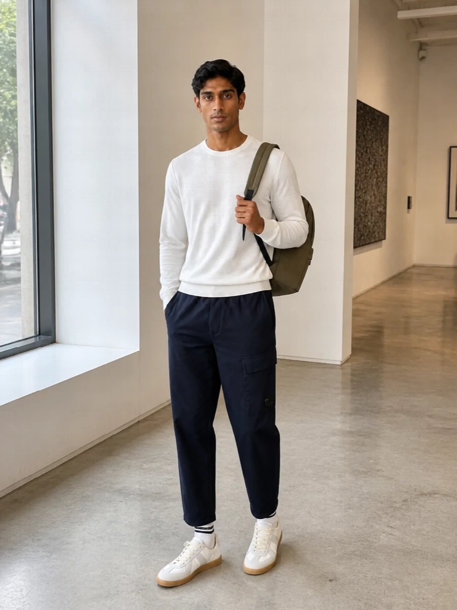 Cp company white sweater navy cargo trousers